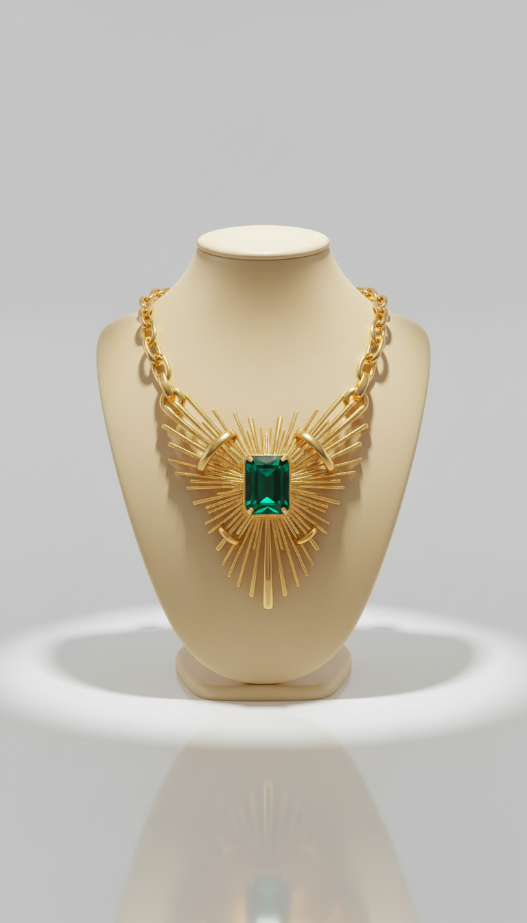 Statement Gold Necklace with Emerald