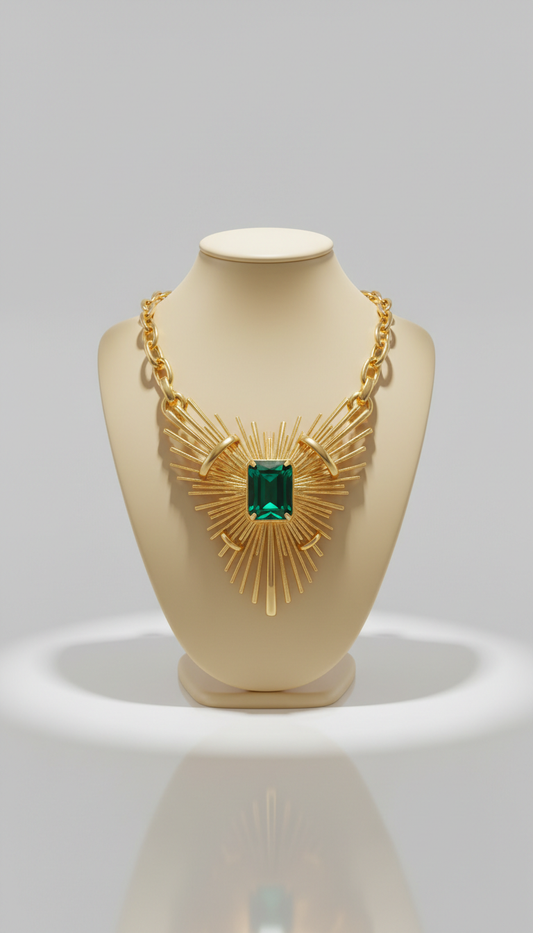 Statement Gold Necklace with Emerald